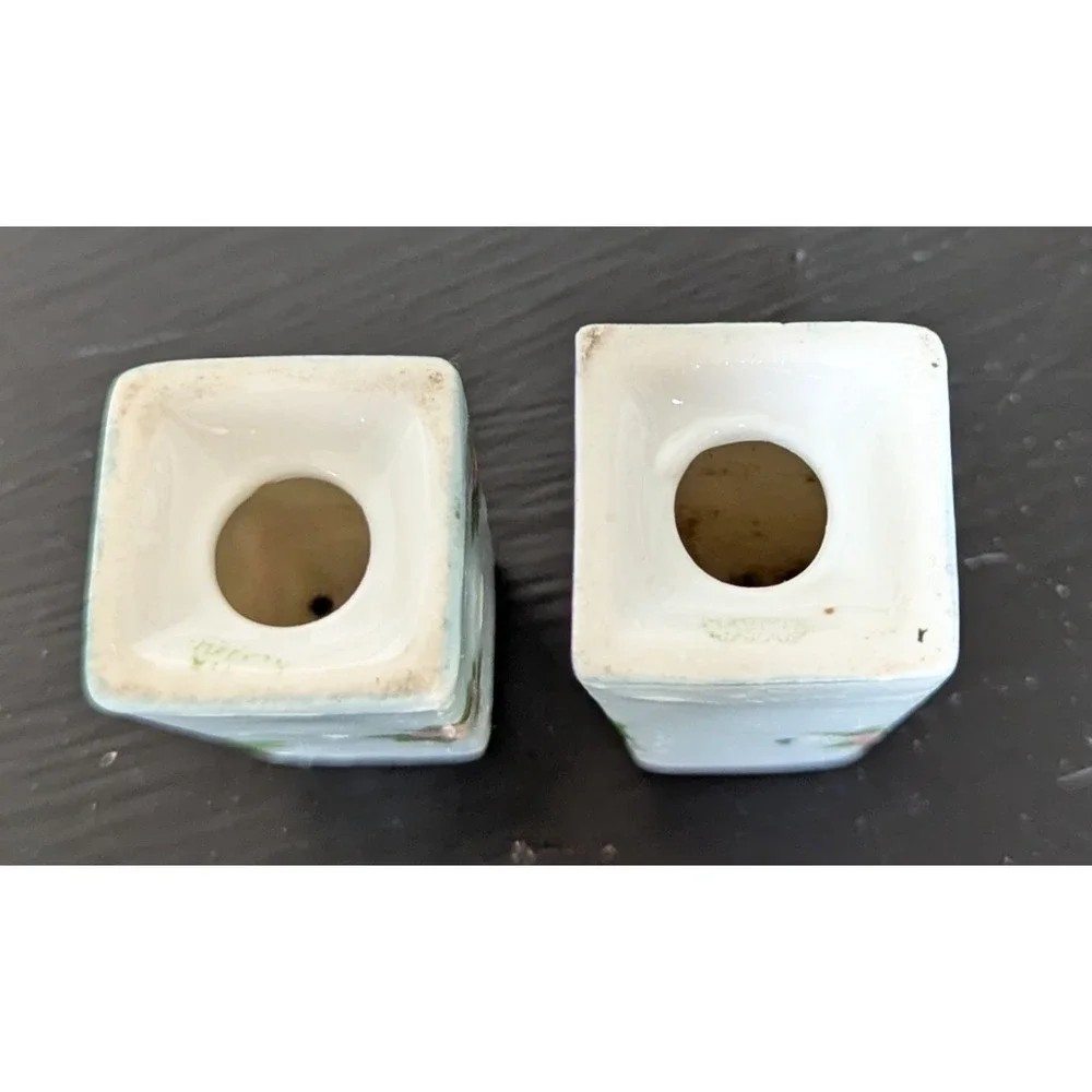VTG Hand Painted Petite Salt & Pepper Shaker Set Blue With Pink &Yellow Roses
